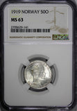 Norway Haakon VII Silver 1919 50 Øre NGC MS63 LAST YEAR .HIGH GRADED KM# 374 (1)