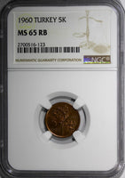 Turkey Bronze 1960 5 Kurus NGC MS65 RB TOP GRADED BY NGC SCARCE KM# 890.1