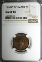 Denmark Frederik VI Copper 1810 IC 2 Skilling NGC MS61 BN 2 YEARS TYPE KM#670(8)