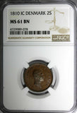 Denmark Frederik VI Copper 1810 IC 2 Skilling NGC MS61 BN 2 YEARS TYPE KM#670(8)