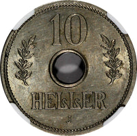 German East Africa Wihelm II Cu/Ni 1909-J 10 Heller NGC UNC DET. KM# 12 (049)