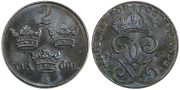 Sweden Gustaf V Iron 1947 2 Öre Choice Unc KM# 811 (859)