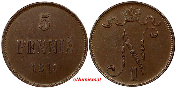 Finland Russian Nicholas II Copper 1911 5 Pennia Choice XF Condition  KM# 15(09)