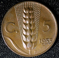 Italy Vittorio Emanuele III Bronze 1933 R 5 Centesimi UNC KM# 59 (23 664)