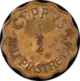 Cyprus George VI Bronze 1945 1/2 Piastre Better Date WW2 Issue aUNC KM# 22a (9)