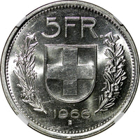 Switzerland Silver 1966 B 5 Francs NGC MS62 GEM BU KM# 40 (002)