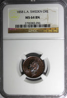 SWEDEN Oscar I Bronze 1858 1 Ore NGC MS64 BN  VARIETY "L.A." KM# 687 (056)