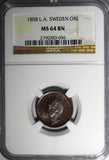 SWEDEN Oscar I Bronze 1858 1 Ore NGC MS64 BN  VARIETY "L.A." KM# 687 (056)