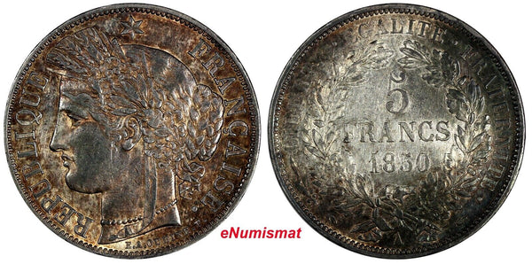 France Silver 1850 A 5 Francs Paris Mint aUNC Nice Toned 37mm KM# 761.1 (469)