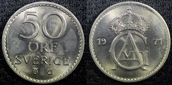 SWEDEN Gustaf VI Adolf Copper-Nickel 1971 50 Öre BU KM# 837 (23 059)