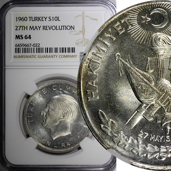 Turkey Silver 1960 10 Lira 27th May Revolution NGC MS64 KM# 894 (022)