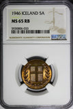 Iceland Bronze 1946 5 Aurar NGC MS65 RB 1st Year Type KM# 9 (033)