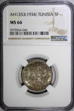 Tunisia Silver 1353 (1934) 5 Francs NGC MS66 TOP GRADED BY NGC KM# 261 (044)