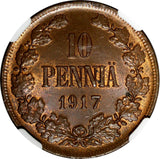 FINLAND RUSSIAN NICHOLAS II Copper 1917 10 Pennia NGC MS63 RB LAST YEAR KM# 14