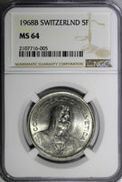 Switzerland 1968 B 5 Francs NGC MS64 1st Year for Type KM# 40a.1 (005)