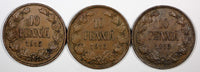 Finland Nicholas II Copper LOT OF 3 COINS 1915 10 Penniä  KM# 14 (20 898)