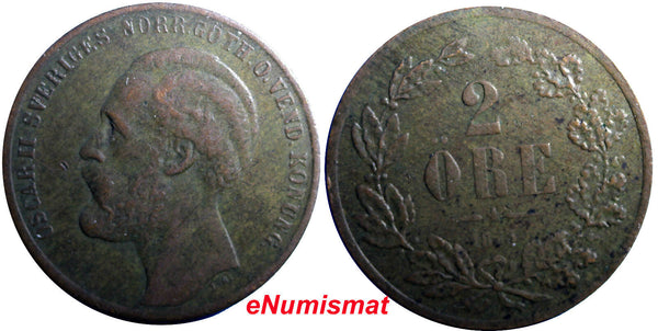 SWEDEN BRONZE Oscar II  1873 2 Ore  VF  1 YEAR TYPE KM# 729 (2053)