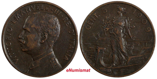 Italy Vittorio Emanuele III Bronze 1909 R 5 Centesimi KM# 42 (20 317)