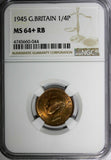 Great Britain George VI Bronze 1945 Farthing NGC MS64+ RB RED TONING KM# 843