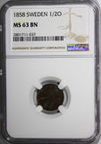 SWEDEN Oscar I Bronze 1858 1/2 Ore NGC MS63 BN BROWN KM# 686 (037)