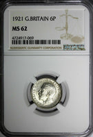 Great Britain George V (1910-1936) Silver 1921 6 Pence NGC MS62 KM# 815a.1