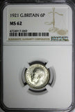 Great Britain George V (1910-1936) Silver 1921 6 Pence NGC MS62 KM# 815a.1