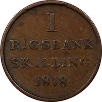 Denmark Frederik VI Copper 1818 1 Skilling Rigsmont Diameter 23 mm KM# 688 (938)