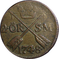 Sweden Frederick I 1748 2 Ore, S.M.Avesta Mint. Low Mintage-461,000  KM# 437