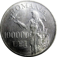 ROMANIA  Mihai I  Silver 1946  100 000 Lei  aUNC  25g  37mm  KM# 71  (6669)