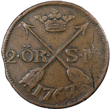 Sweden  Adolf Frederick Copper 1767 2 Ore, S.M. Low Mintage-467,000 KM# 461/4827