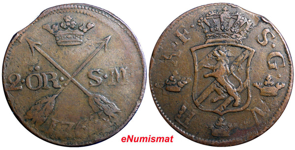 SWEDEN COPPER Adolf Frederick 1763 2 Ore,S.M  Low Mintage 401,000 KM#461(2375A)