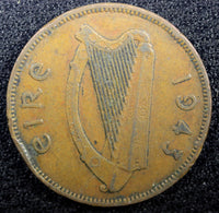 Ireland Republic Bronze 1943 1/2 Penny  Sow with piglets KM# 10 (23 089)