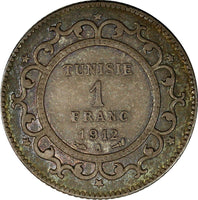 Tunisia Muhammad V Silver AH1330 (1912) A 1 Franc  Toned  KM# 238 (19 001)