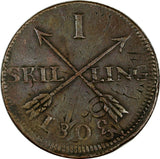 SWEDEN COPPER 1802 1 SKILLING OVERSTRUCK ON 2 ORE S.M. 1760 / FULL EARLY DATE /