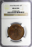 Finland Nicholas II Copper 1914 10 Pennia NGC MS62 BN Mintage-605,0 KM#14 (094)
