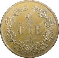 SWEDEN Carl XV Adolf  Bronze 1871 2 Öre UNC KM# 706 (23 014)