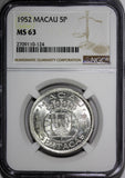 Macau Silver 1952 5 Patacas NGC MS63 1 YEAR TYPE Mintage- 900,000 KM# 5