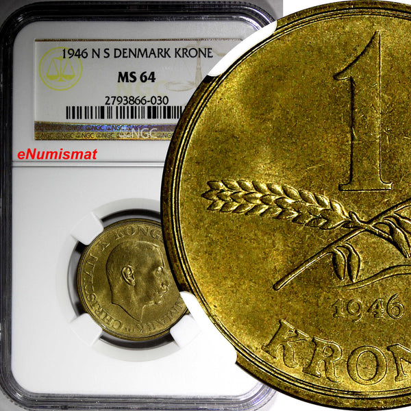 Denmark Aluminum-Bronze Christian X 1946 NS 1 Krone NGC MS64 KM# 835 (030)