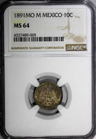 Mexico SECOND REP.Silver 1891 Mo M 10 Centavos NGC MS64 1 GRADED HIGHEST KM403.7