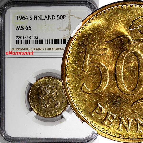 Finland Aluminum-Bronze 1964 S 50 Pennia NGC MS65 KEY DATE BU KM# 48 (123)