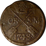 Sweden Frederick I 1748 SM 2 Ore Avesta Mint. Mintage-460,800 34mm KM437 (14352)