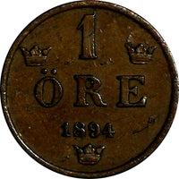 SWEDEN Oscar II 1894 1 Ore Mintage-590,000 Large Letters RARE DATE KM#750 (14366