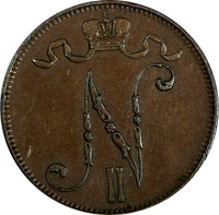 Finland Nicholas II Copper 1905 5 Pennia Mintage-620,000 BETTER DATE KM#15 (68)