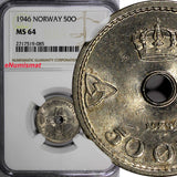 NORWAY Haakon VII Copper-Nickel 1946 50 Ore NGC MS64 1 GRADED HIGHEST KM# 386(5)