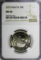 Malta Copper-Nickel 1972 10 Cents NGC MS66 TOP GRADED BY NGC  KM# 11 (022)