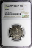 Russia Catherine II Silver 1766 MMD 20 Kopecks Moscow Mint NGC VF35 C#63a.1 RARE