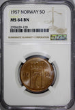 Norway Haakon VII Bronze 1957 5 Ore NGC MS64 BN LAST YEAR TYPE  KM# 400 (120)