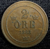 Sweden Oscar II Copper 1883 2 Ore  XF KM# 746   (23 129)