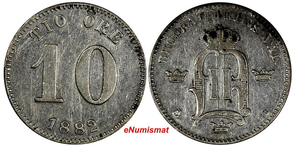 Sweden Oscar II Silver 1882 EB 10 Ore LOW MINTAGE RARE DATE KM# 755 (13 845)