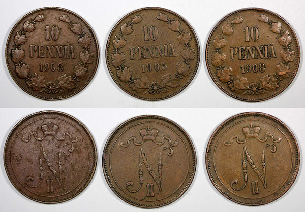 Finland Nicholas II Copper LOT OF 3 COINS 1905-1908 10 Penniä  KM# 14 (20 899)